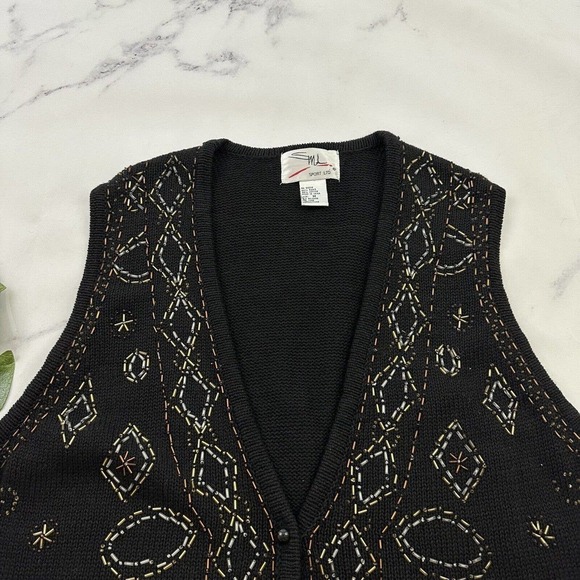 SML Sport Womens Vintage 90s Sweater Vest Size M Black Brown Floral Beaded Knit - Picture 2 of 9